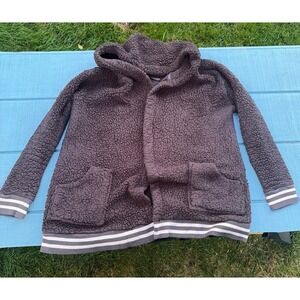 Make + Model Sherpa Fleece Hooded Open Front Cardigan Grey Striped Trim M/L